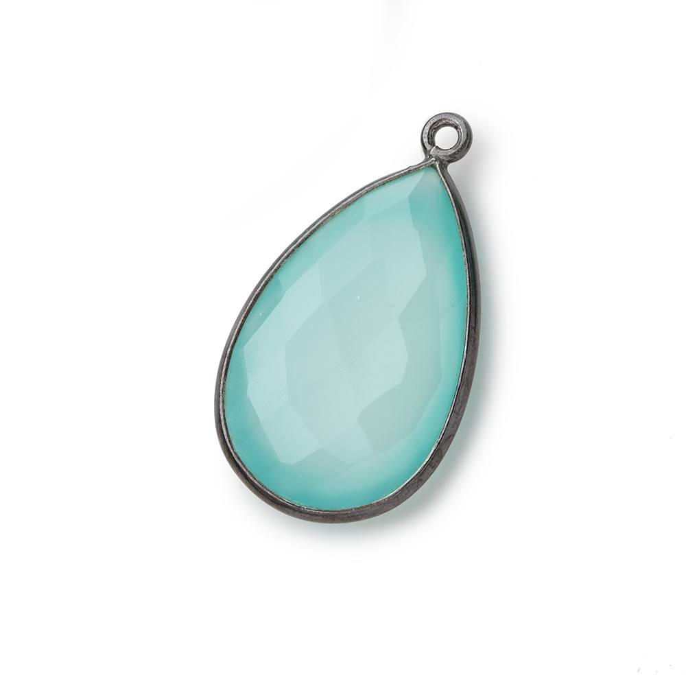 26x17mm Black Gold Bezeled Seaglass Chalcedony faceted Pear Pendant 1 piece