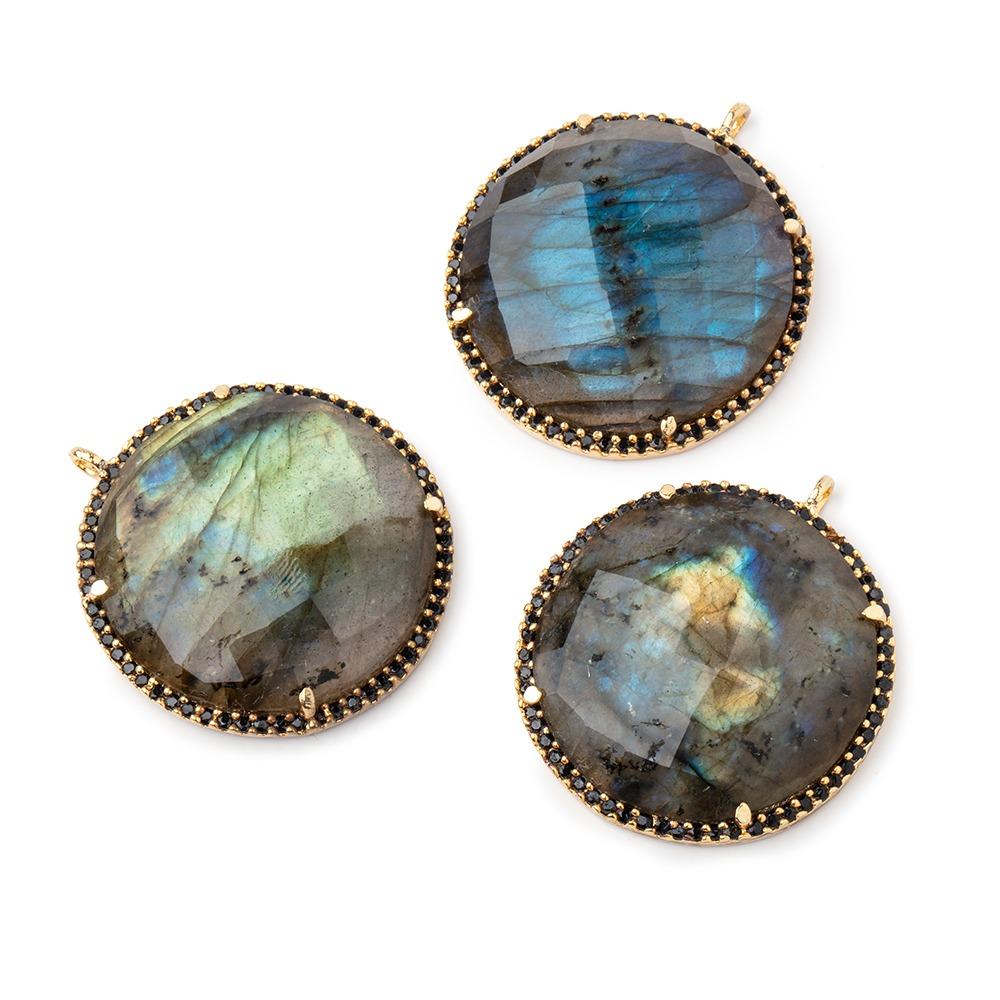 28mm Vermeil & Black CZ Bezel Labradorite Coin Pendant Focal Bead 1 piece