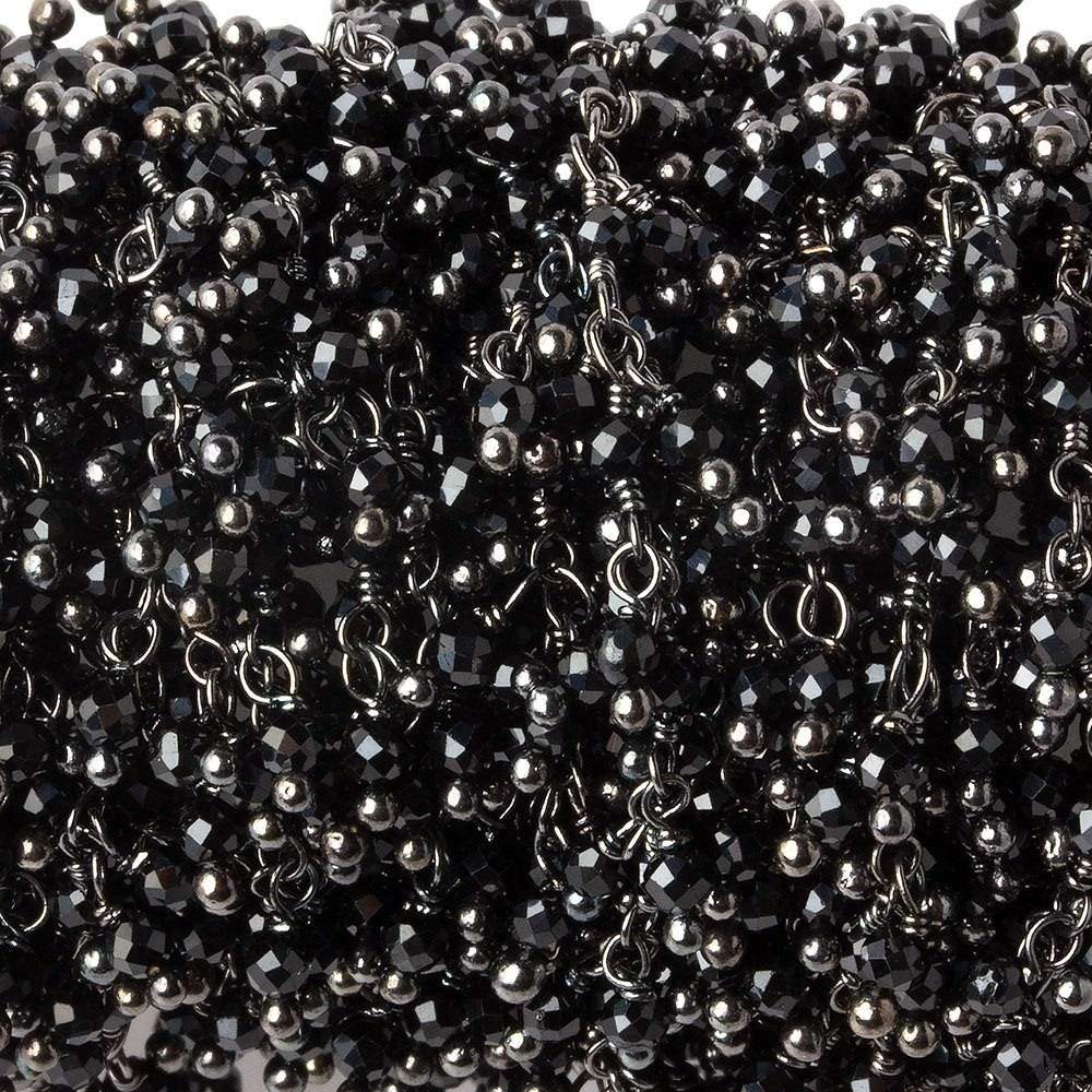 2mm Black Spinel micro faceted round Black Gold plated Dangling Chain by the foot
