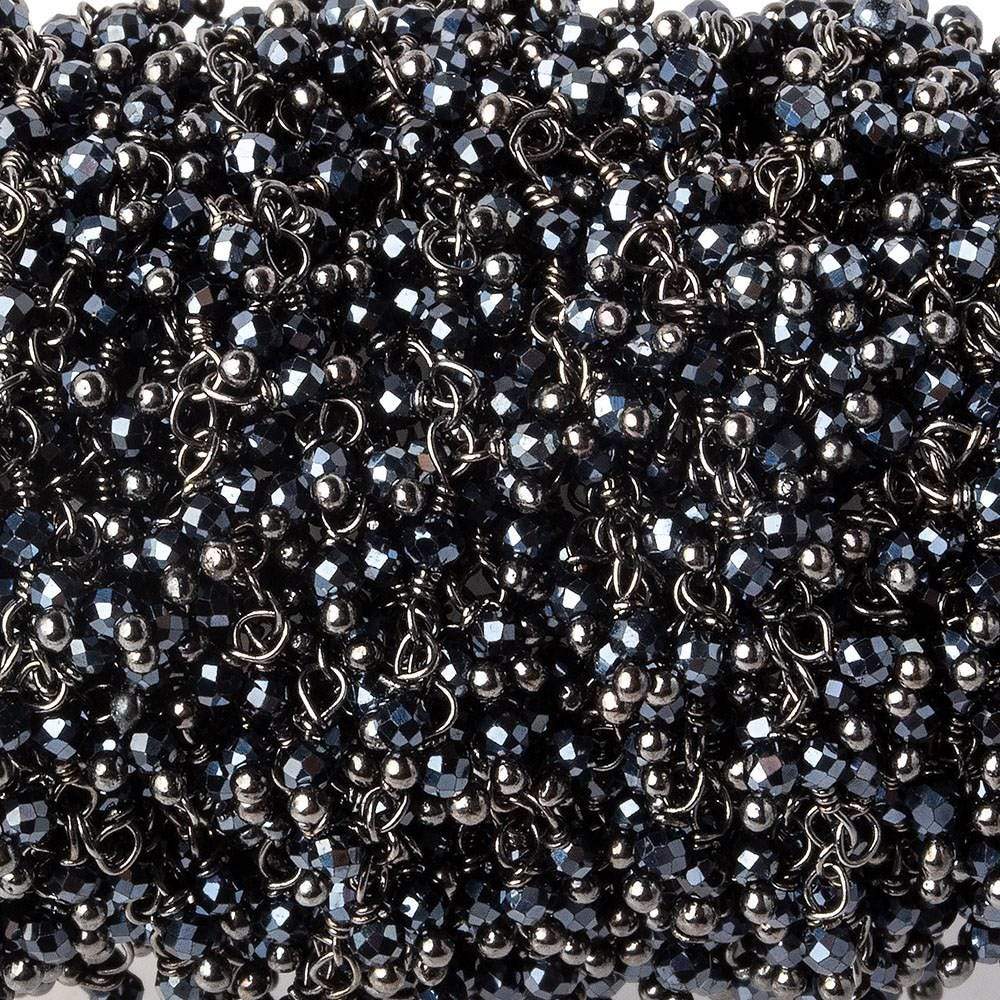 2mm Metallic Black Spinel micro faceted round Black Gold plated Dangling Chain by the foot