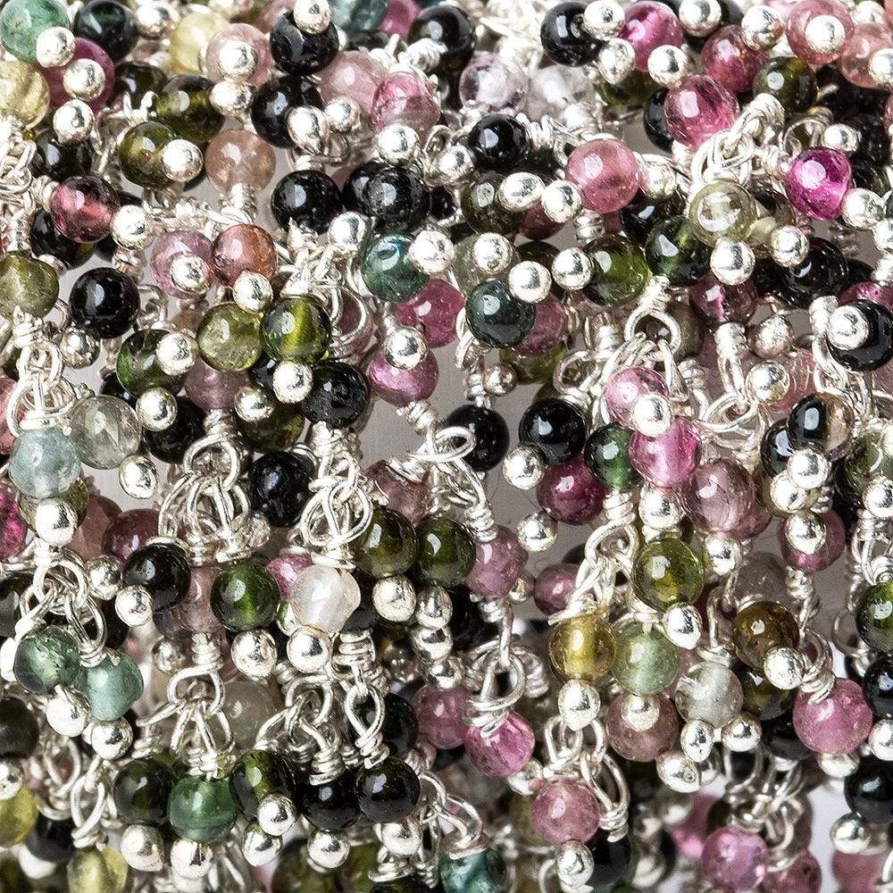 2mm Multi Color Tourmaline plain round Silver plated Dangling Chain by the foot