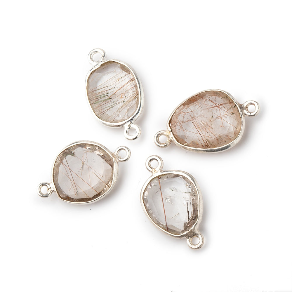 12x11mm Silver .925 Bezel Rutilated Quartz Faceted Nugget Connector 4 pieces