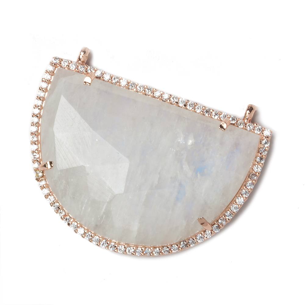 32x23mm Rose Gold Bezel CZ and Rainbow Moonstone Half Moon 2 ring Connector 1 piece