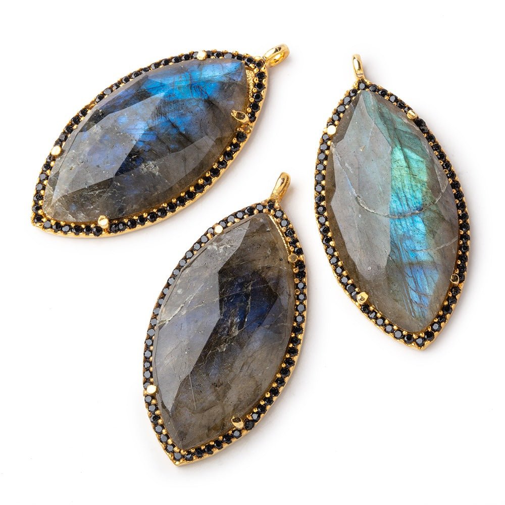 33x18mm Vermeil & Black CZ Bezel Labradorite Marquise Pendant 1 Focal Bead
