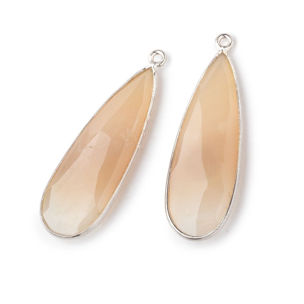 38x14mm .925 Silver Bezel Blush Agate Elongated Faceted Pear Set of 2 Pendants