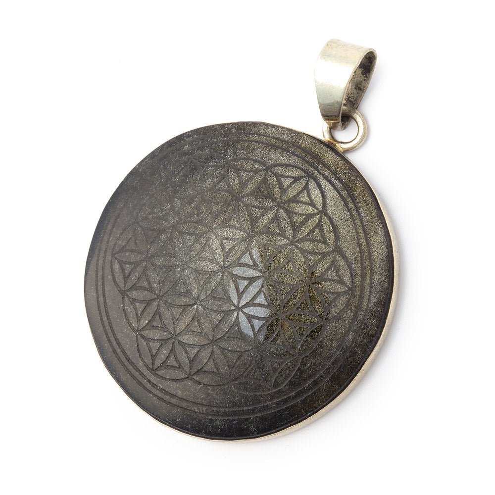 35mm .925 Silver Bezel Golden Sheen Obsidian Carved Coin Pendant 1 piece