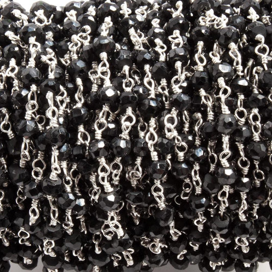 3.5mm to 4mm Black Agate faceted rondelle Silver plated Chain by the foot 35 beads
