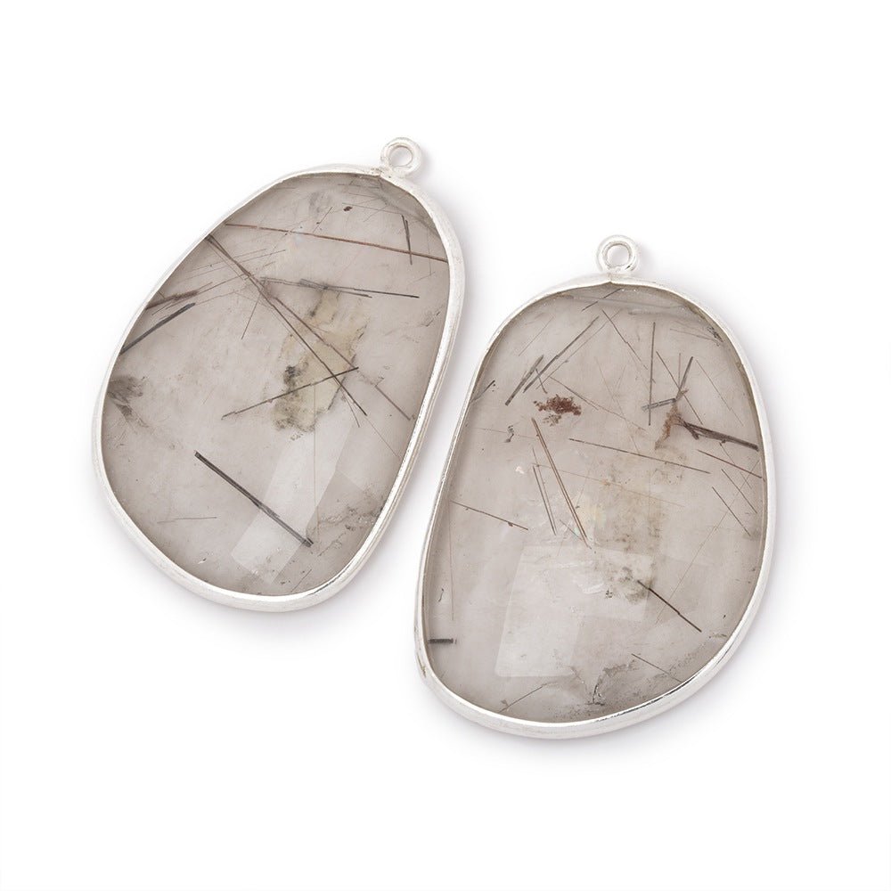 35x25mm .925 Silver Bezel Rutilated Quartz Faceted Freeform Set of 2 Pendants