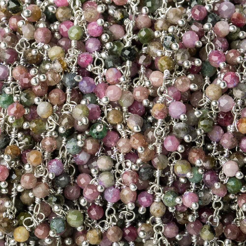 3mm Multi Color Tourmaline micro-faceted round Silver Dangling Chain by the foot