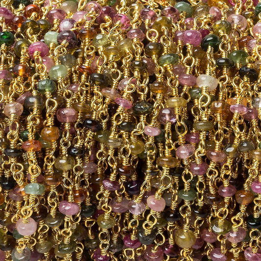 3mm Multi Tourmaline plain rondelle Gold plated Chain by the foot 30 pcs