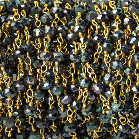 3mm Peacock Mystic Black Spinel rondelle Gold plated Chain by the foot 40pc