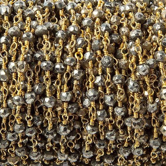 3mm Pyrite faceted rondelle Gold plated Chain by the foot 38 pcs