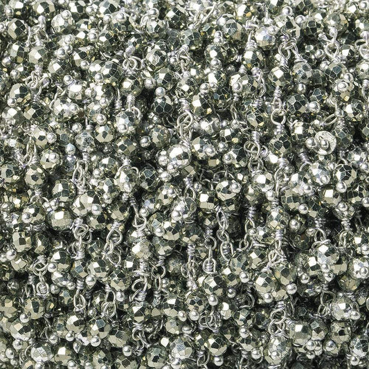 3mm Pyrite micro-faceted round Silver Dangling Chain by the foot
