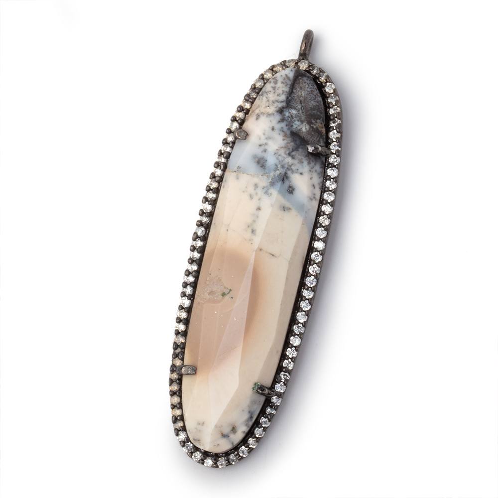 42.5x13mm Black Gold CZ Bezel Dendritic Opal Faceted Oval Pendant 1 Focal