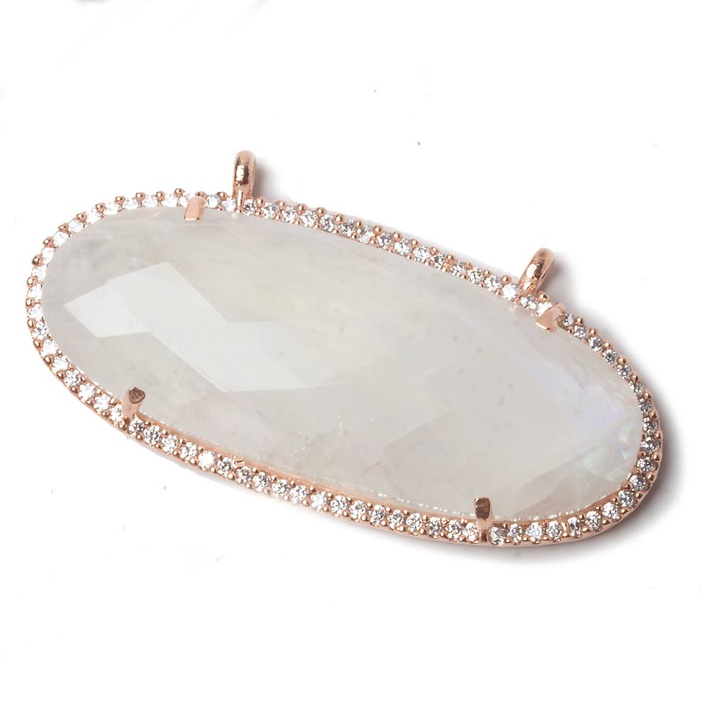 42x18mm Rose Gold Bezeled CZ & Rainbow Moonstone Oval East West Connector 1 pc