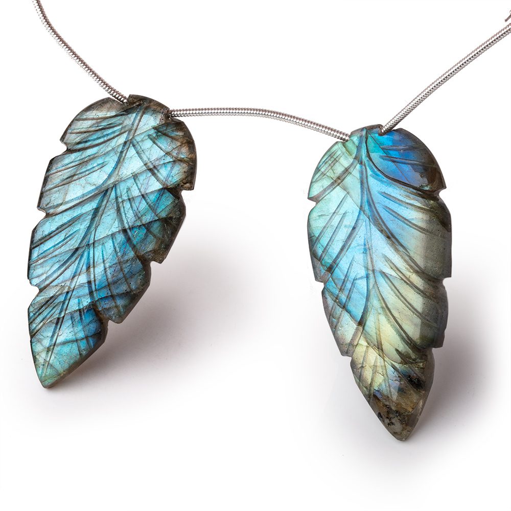 44.5x22mm Multi Color Labradorite Carved Leaf Focal Bead Set of 2 pieces