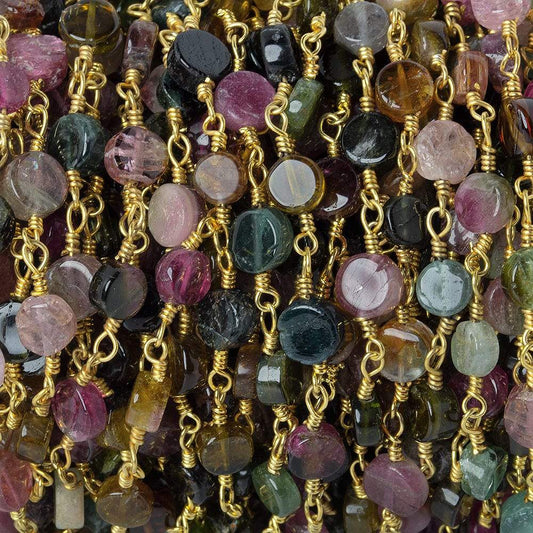 4.5-5mm Multi Color Tourmaline plain coin Gold plated Chain by the foot 25 beads A