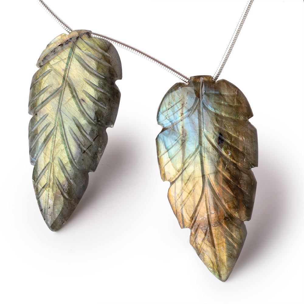 45x22mm Multi Color Labradorite Carved Leaf Focal Set of 2 Beads