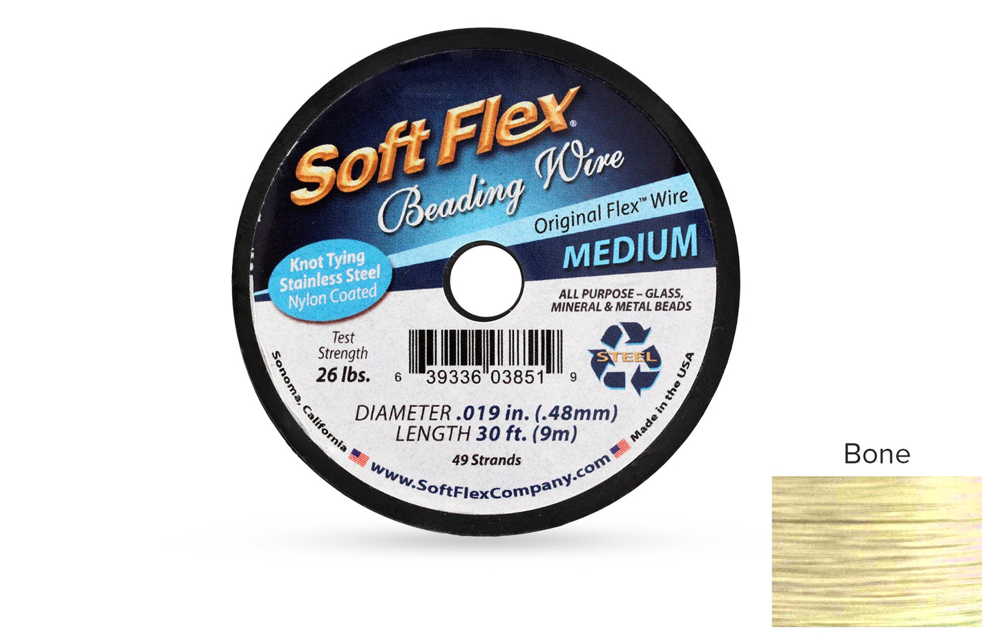 Soft Flex Beading Wire 49 Strand .019 Inch Bone  - 1spool