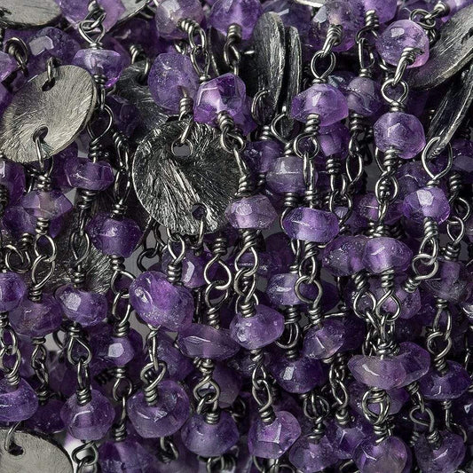 4mm Amethyst rondelle and Brushed Disc Black Gold plated Chain by the foot