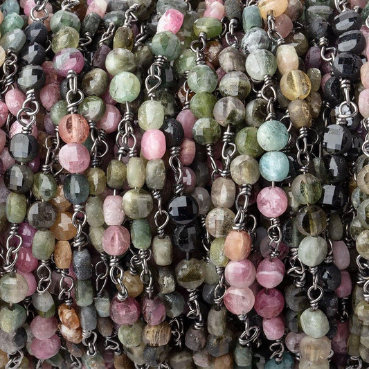 4mm Multi Color Tourmaline Faceted Coin Trio Black Gold Chain by the Foot 51 beads
