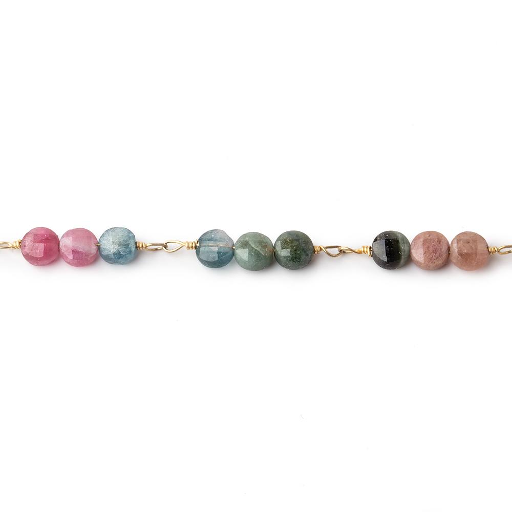 4mm Multi Color Tourmaline Faceted Coin Trio Gold Plated Chain by the Foot 51 beads
