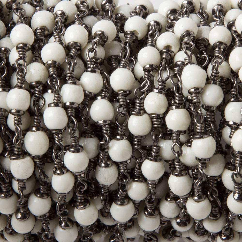 4mm Off White Bone rounds Oxidized Silver Cap and Chain by the foot 24pcs