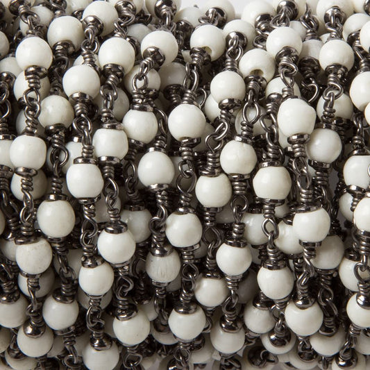 4mm Off White Bone rounds Oxidized Silver Cap and Chain by the foot 24pcs