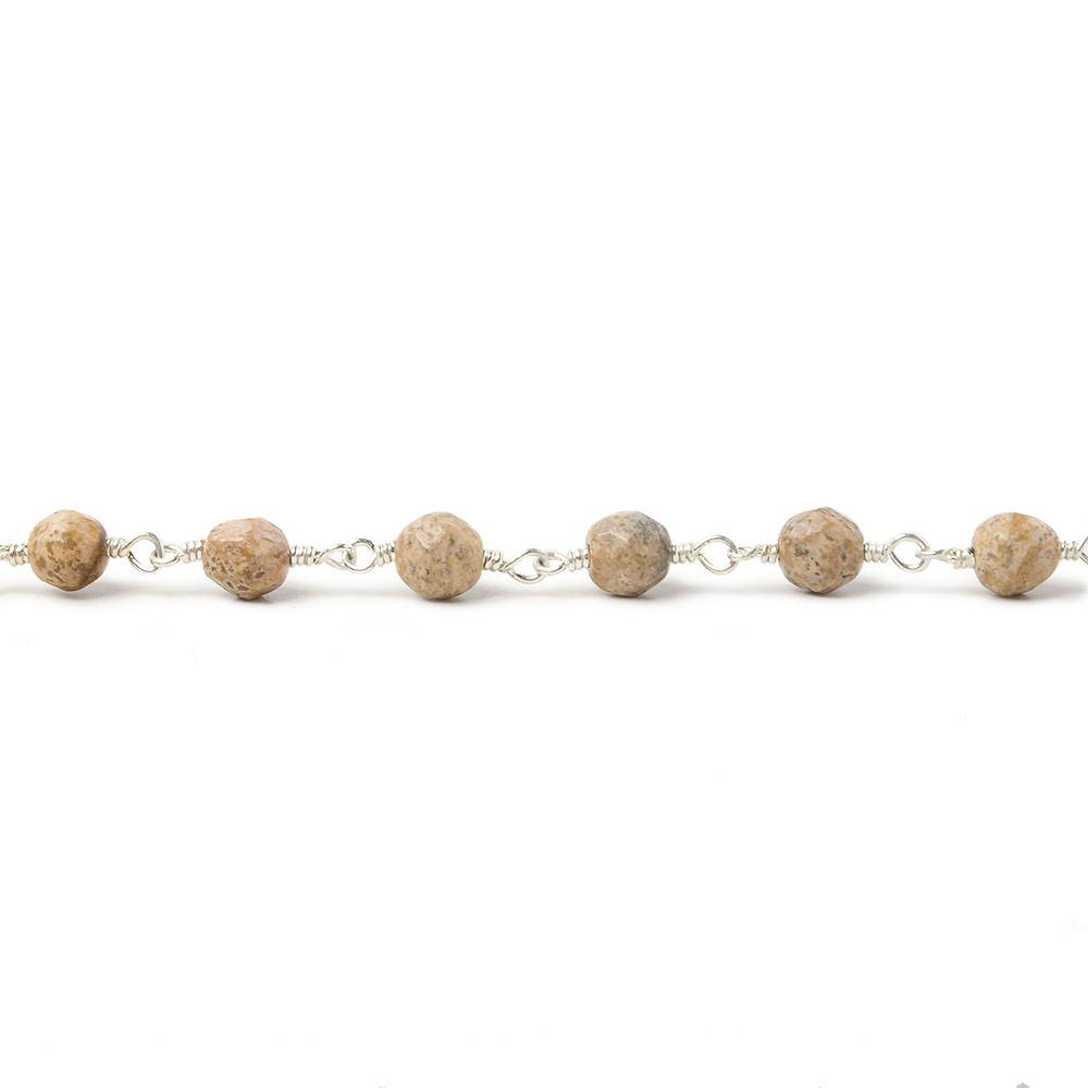 4mm Picture Jasper faceted rounds Silver Plated Wire Wrapped Chain