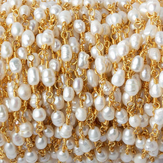 4x5-3x4mm White Straight Drill Baroque Pearl Gold plated Chain by the foot 27 pcs