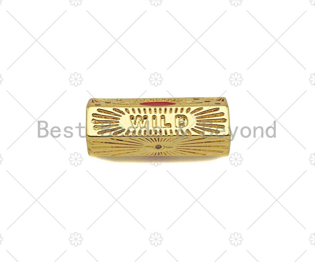18K Dainty Gold  Wild  Word with Sun Shape On Hexagon Large Hole Tube Spacer Beads,Drum Barrel Beads,Red Enamel Tube Spacer,8x22mm, Sku#Y415
