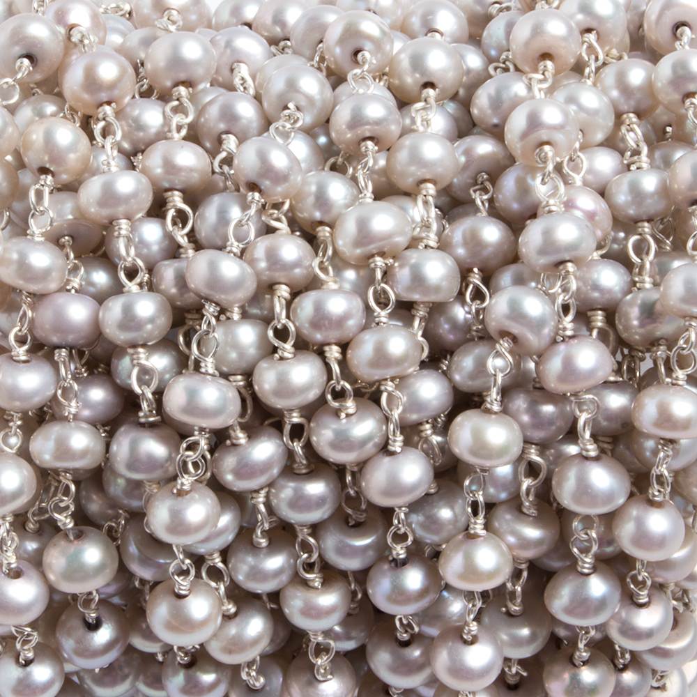 5.5mm Pink Silver Button Pearl .925 Silver Chain by the foot 36 pieces