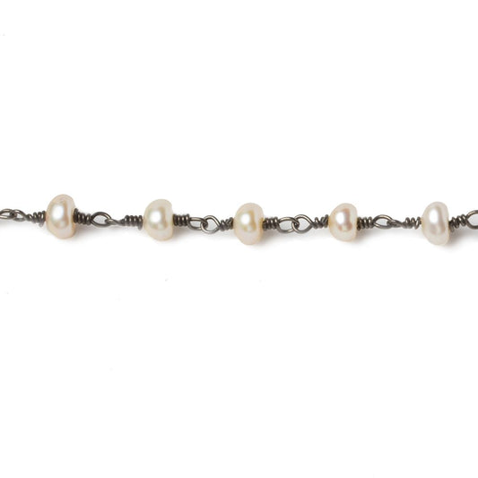 5mm Cream Button Freshwater Pearl Black Gold .925 Chain by the foot 32 beads