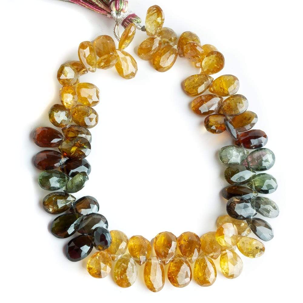 6-10mm Brown, Gold, Green Tourmaline Faceted Pear Beads 8 inch 62 beads
