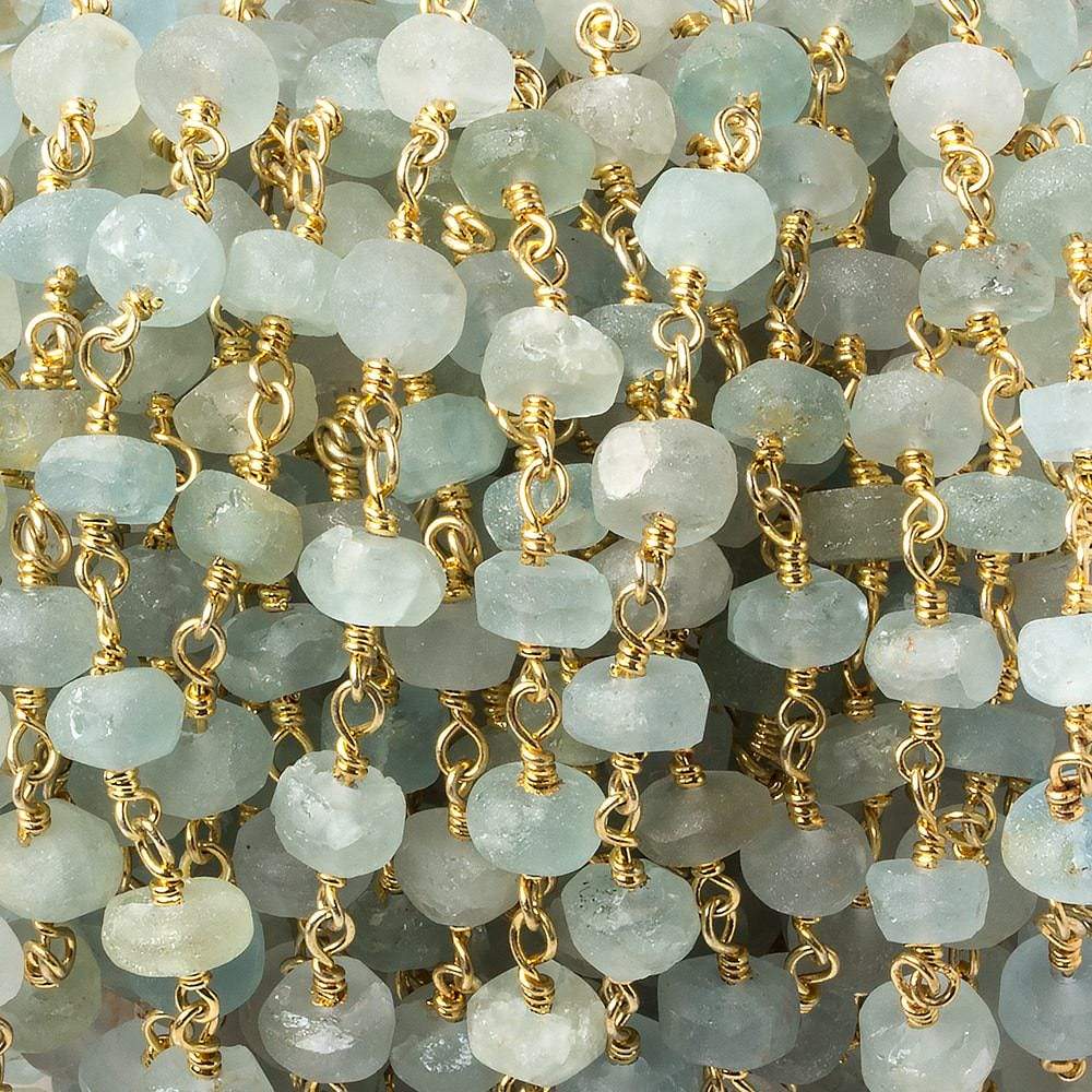 6-7mm Matte Beryl & Aqua rondelle Gold Chain by the foot 30 pieces