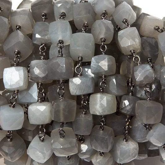 6-8mm Platinum Moonstone cube Black Gold plated Silver Chain by the foot