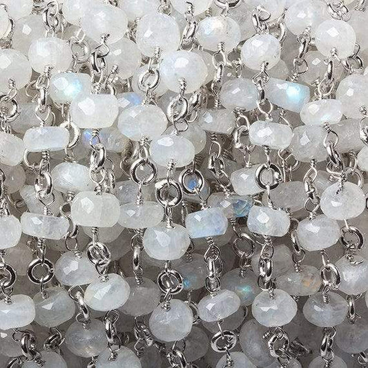 6.5-7.5mm Rainbow Moonstone rondelle Linked Silver Chain by the foot 24 beads