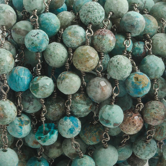 6.5mm Matte Chrysocolla faceted round Black Gold .925 Silver Chain 24 pieces