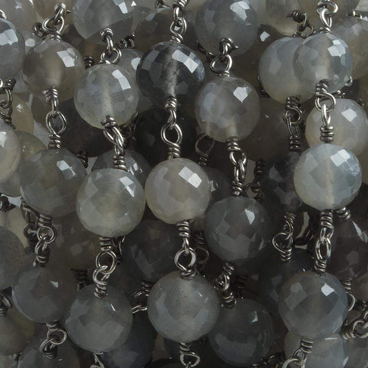 6.5mm Grey Moonstone faceted round Black Gold .925 Silver Chain by the foot 24 pieces