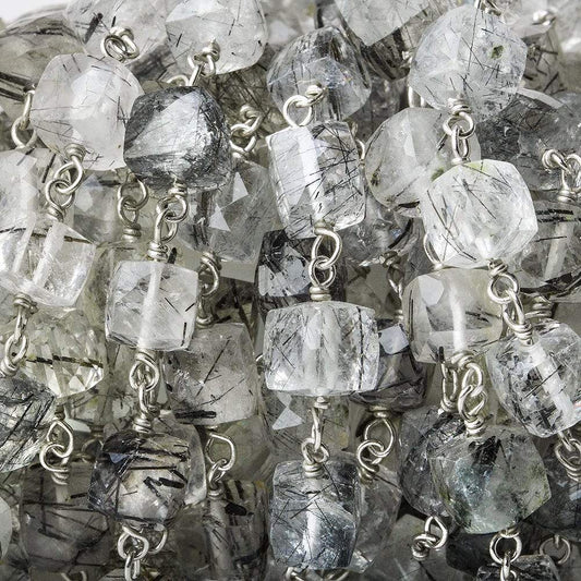 6mm Black Tourmalinated Quartz Faceted Cube Sterling Silver Chain by the foot