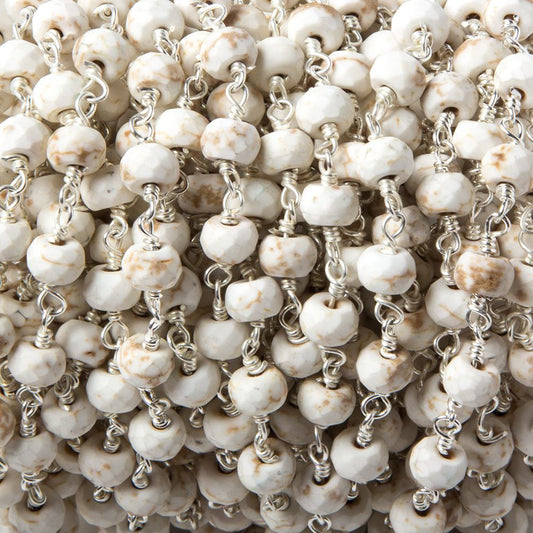6mm Matte Howlite faceted rondelle Silver plated Chain by the foot 28 pieces