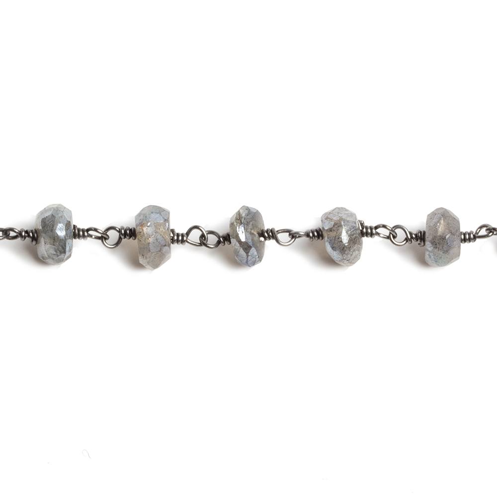 6mm Mystic Labradorite faceted rondelle Black Gold Chain by the foot 32 beads