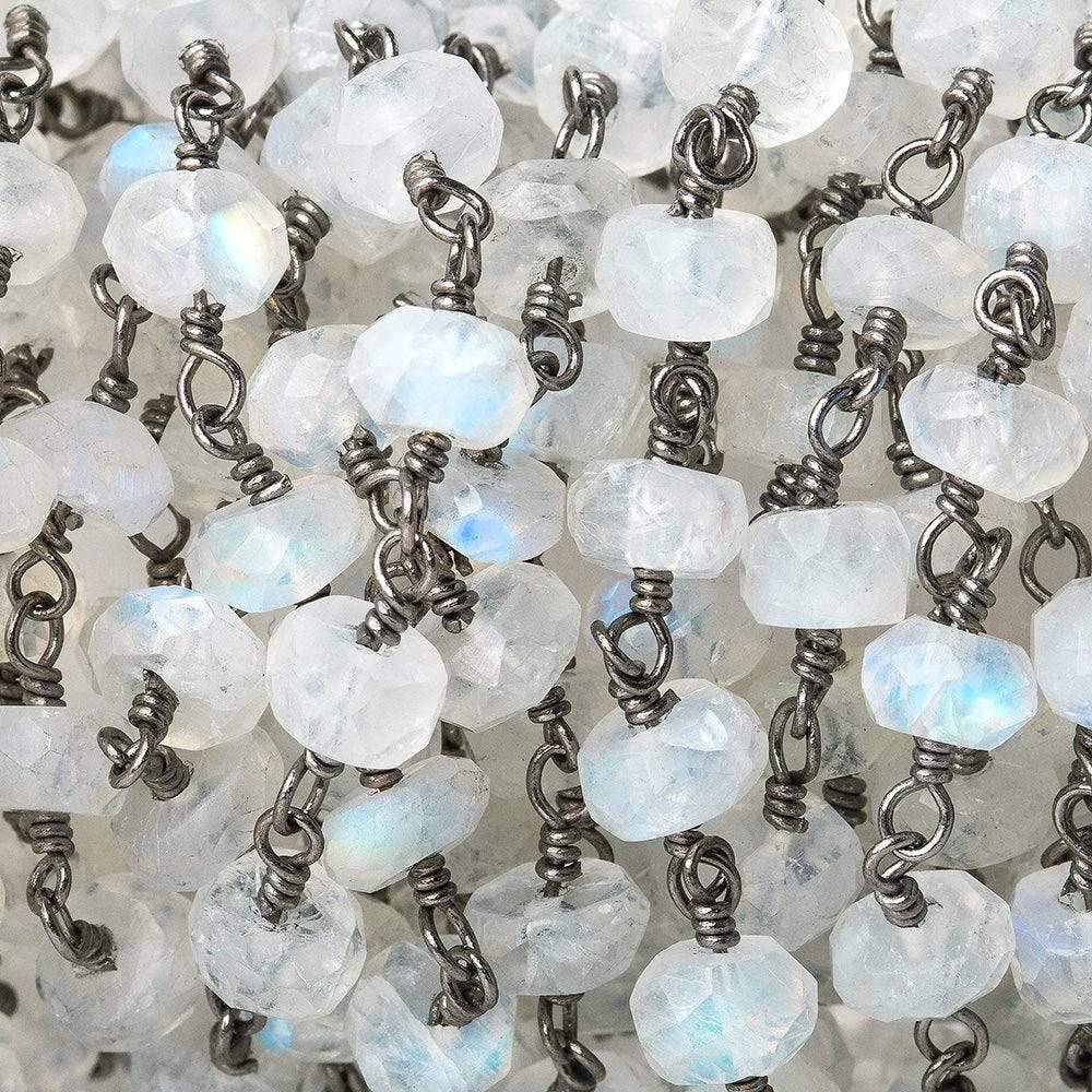 6mm Rainbow Moonstone faceted rondelle Black Gold plated Chain by the foot