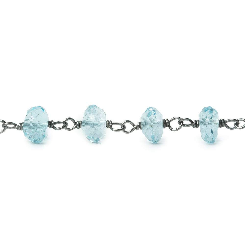 6mm Sky Blue Topaz faceted rondelle Black Gold .925 Silver Chain by the foot 33 beads AAA