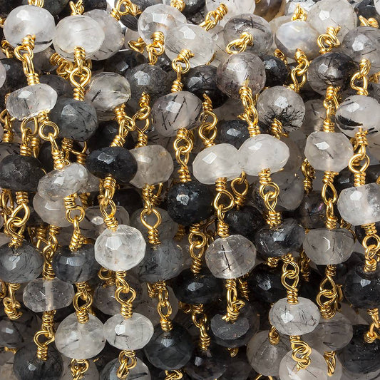 6mm Tourmalinated Quartz faceted rondelle Gold Chain by the foot 30 pieces