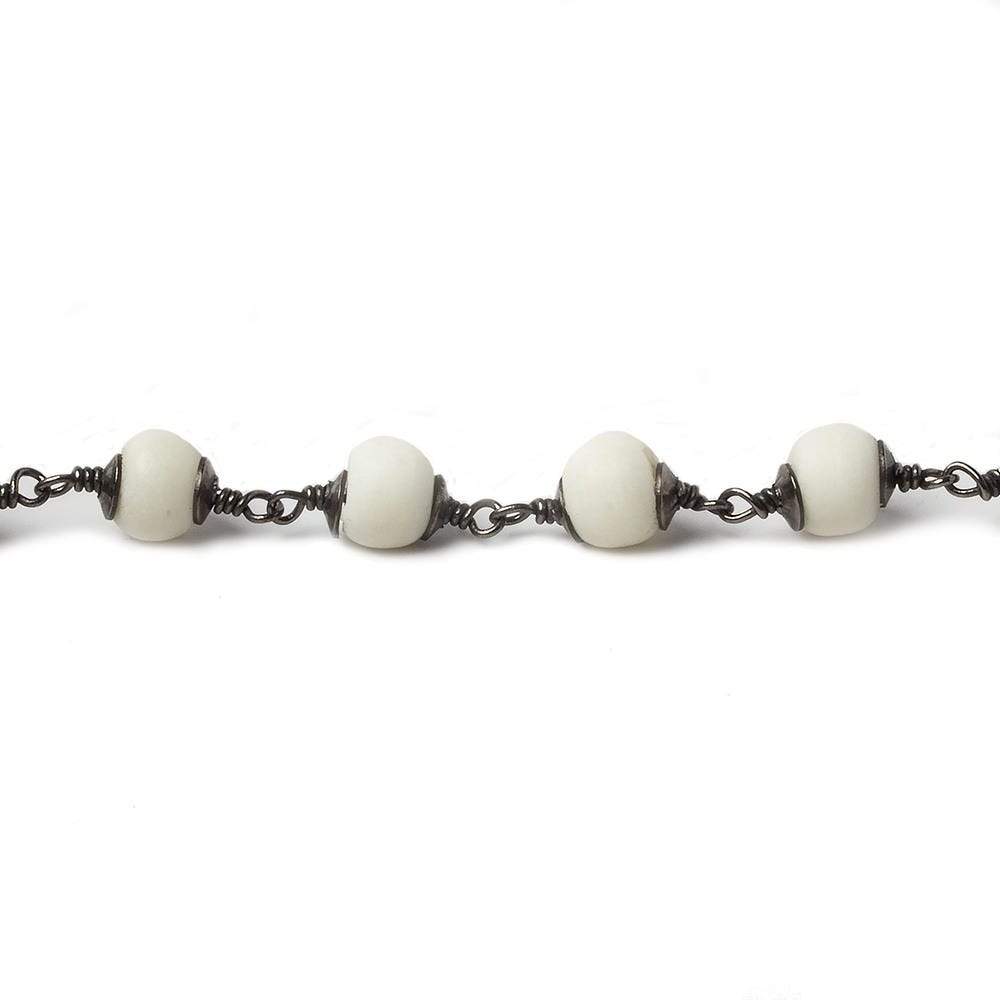 6mm White Ox Bone rounds Black Gold plated Cap and Chain by the foot 21 pcs