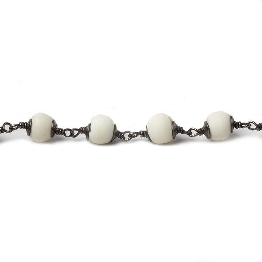 6mm White Ox Bone rounds Black Gold plated Cap and Chain by the foot 21 pcs