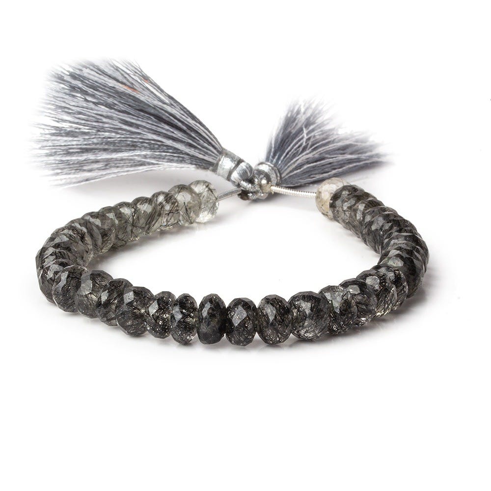 7-8mm Black Tourmalinated Quartz faceted rondelles 7 inch 39 beads AA
