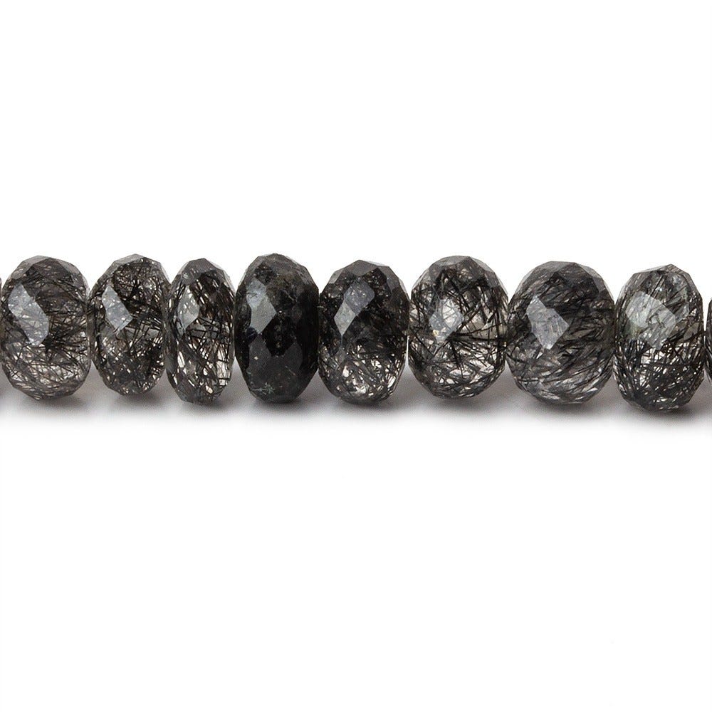 7-8mm Black Tourmalinated Quartz faceted rondelles 7 inch 39 beads AA