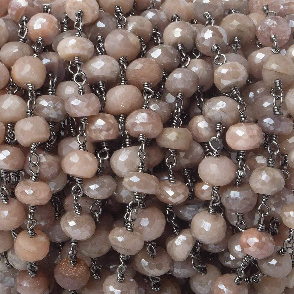 7-8mm Mystic Angel Skin Peach Moonstone faceted rondelle Black Gold Chain by the foot 24 pcs